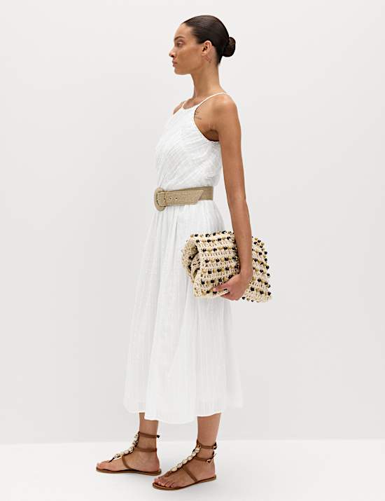 Pure Cotton Square Neck Strappy Midaxi Waisted Dress