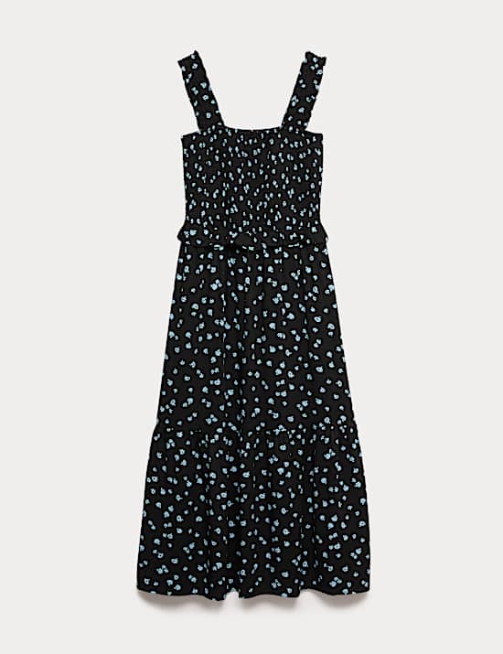 Vestido a media pierna a la cintura estampado de escote cuadrado