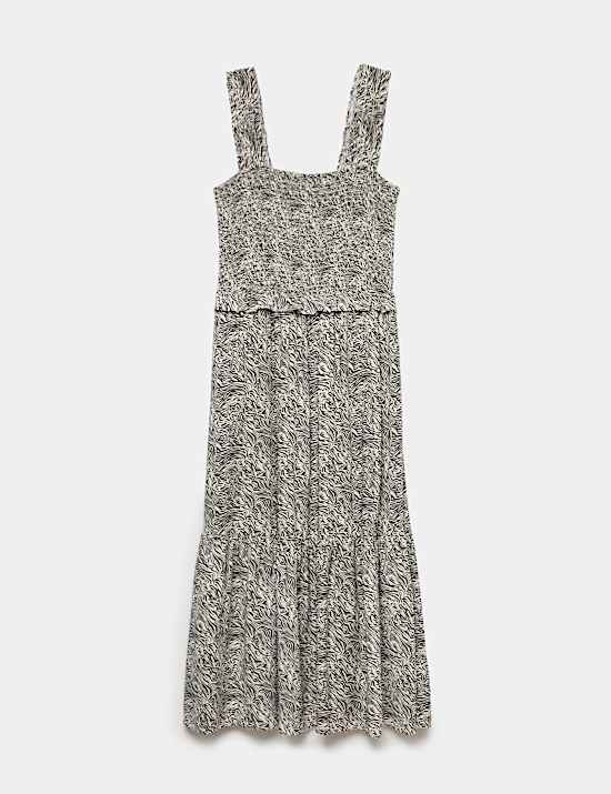 Printed Square Neck Midi Waisted Dress