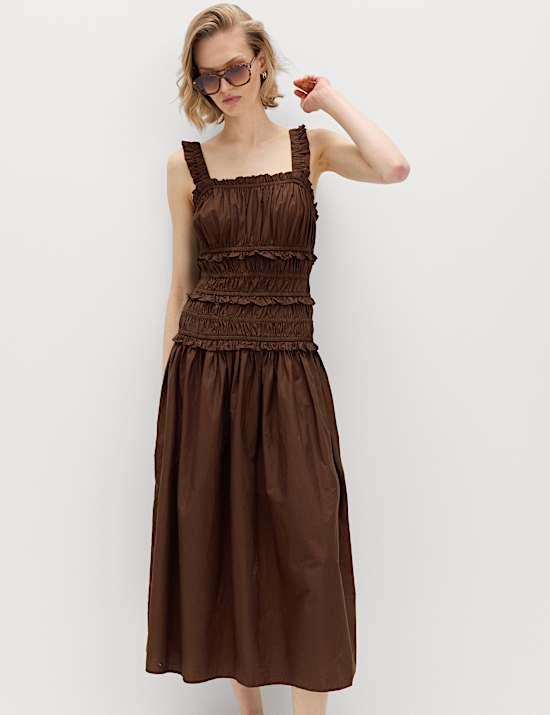 Pure Cotton Shirred Midi Waisted Dress