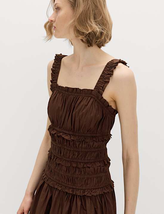 Pure Cotton Shirred Midi Waisted Dress