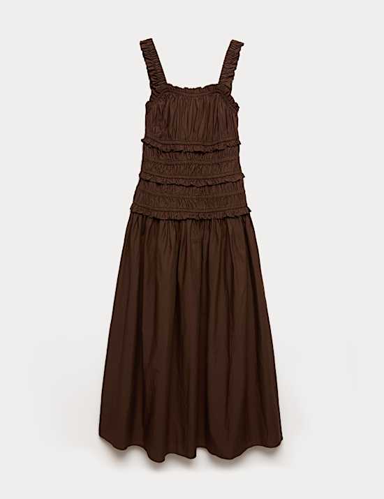 Pure Cotton Shirred Midi Waisted Dress