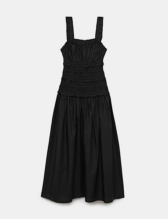 Pure Cotton Shirred Midi Waisted Dress