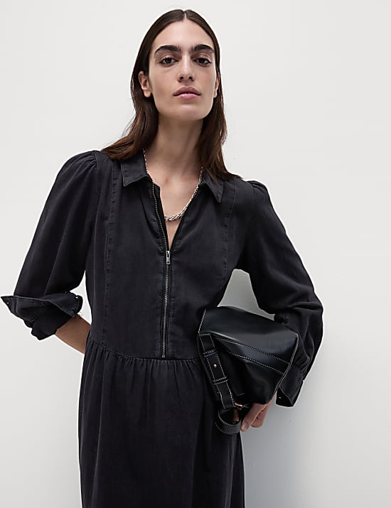Denim Collared Zip Front Midi Waisted Dress DENIM Dresses M S AU