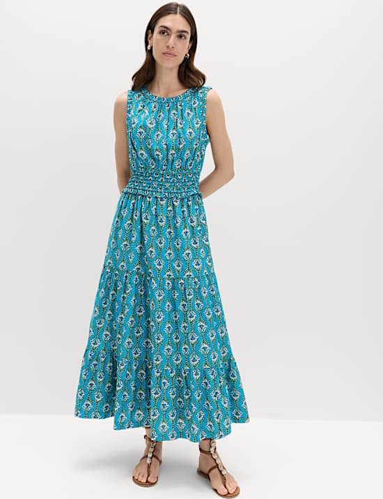 Pure Cotton Floral Midi Waisted Dress