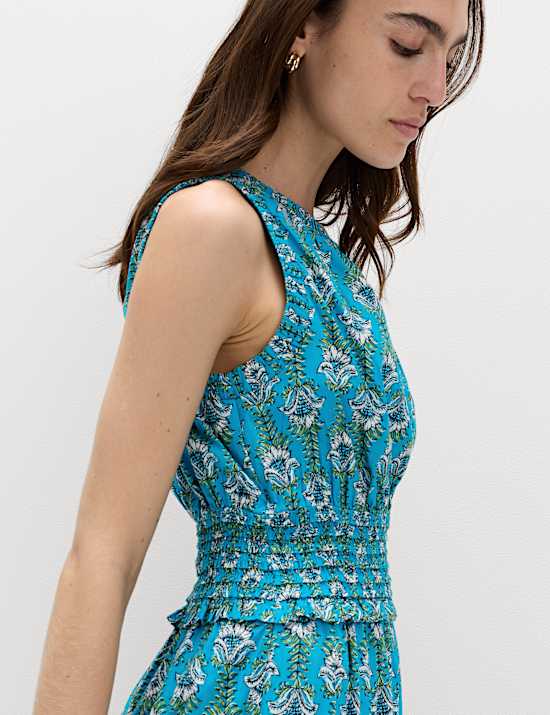 Pure Cotton Floral Midi Waisted Dress