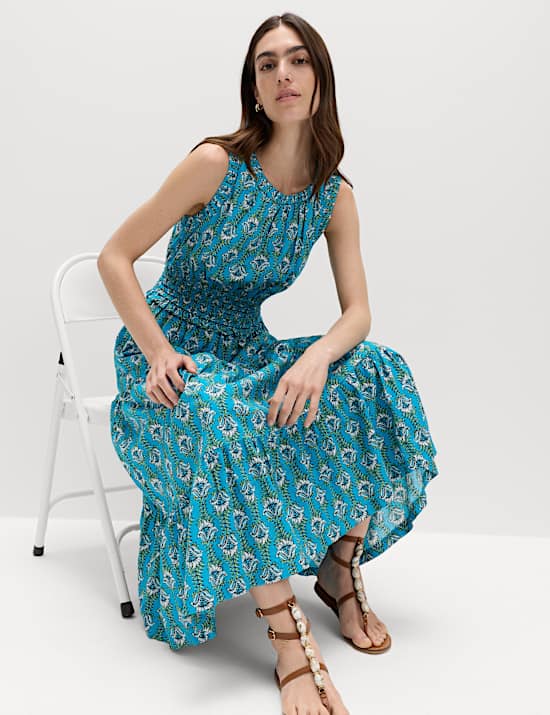 Pure Cotton Floral Midi Waisted Dress