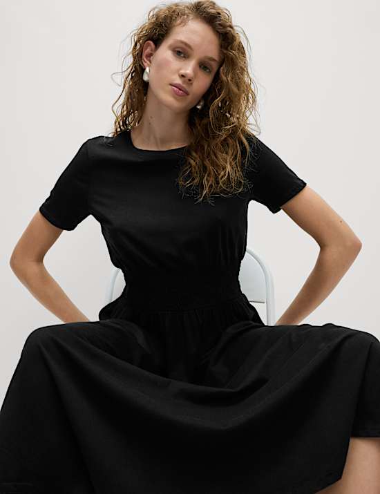 Pure Cotton Shirred Midi Waisted Dress