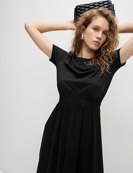 Pure Cotton Shirred Midi Waisted Dress