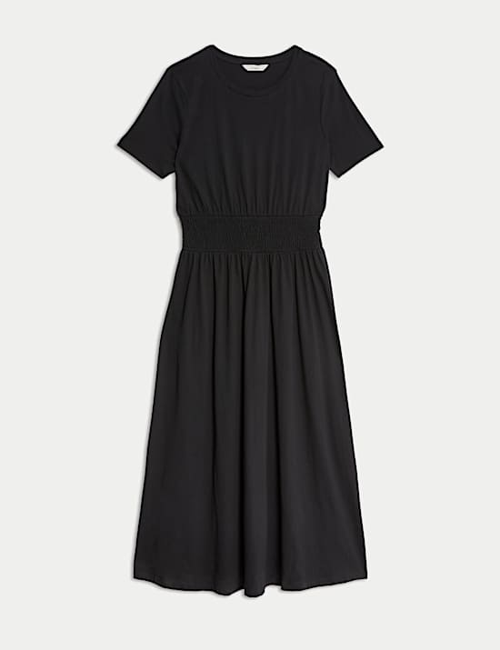 Pure Cotton Shirred Midi Waisted Dress