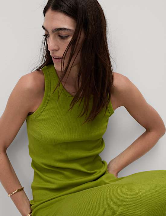 Katoenrijke, geribbelde midi-kolomjurk met ronde hals