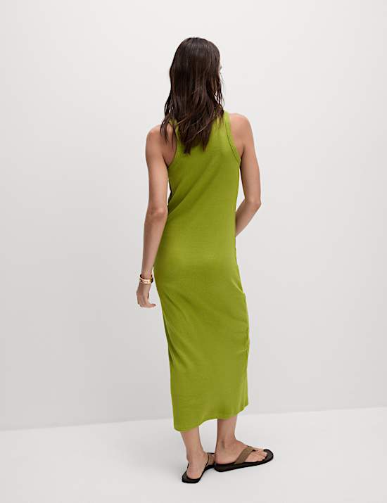 Katoenrijke, geribbelde midi-kolomjurk met ronde hals