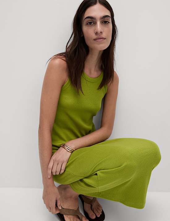 Katoenrijke, geribbelde midi-kolomjurk met ronde hals