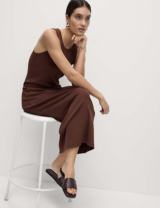 Cotton Rich Ribbed Crew Neck Midi Column Dress