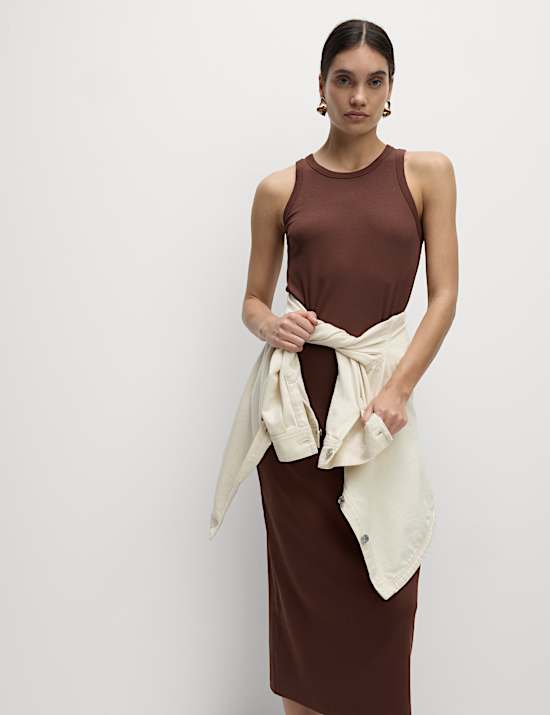 Cotton Rich Ribbed Crew Neck Midi Column Dress