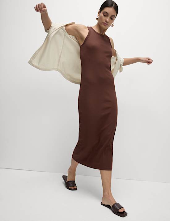 Cotton Rich Ribbed Crew Neck Midi Column Dress