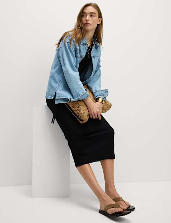 Robe midi coupe droite en coton c&ocirc;tel&eacute; &agrave; col rond