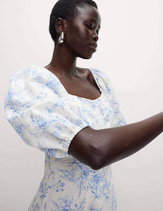 Linen Rich Printed Square Neck Midaxi Dress