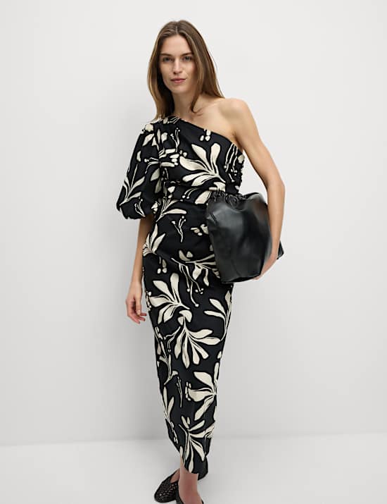 Pure Cotton Floral One Shoulder Midaxi Column Dress