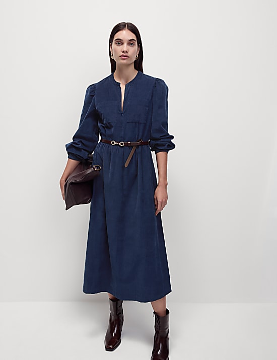 Cord Round Neck Midi Relaxed Dress