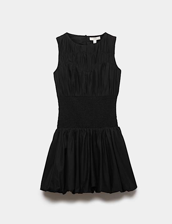 Pure Cotton Round Neck Shirred Mini Dress