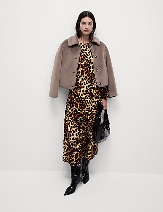 Animal Print Midi Waisted Tiered Dress