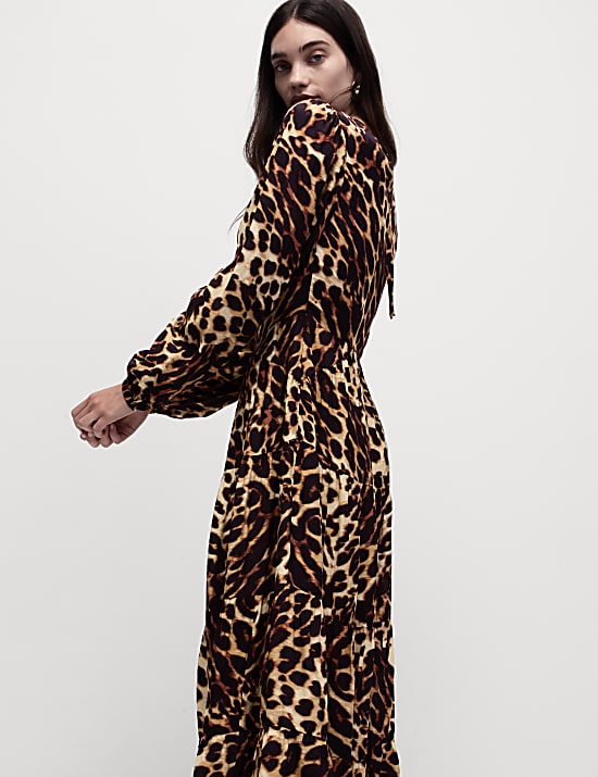 Animal Print Midi Waisted Tiered Dress