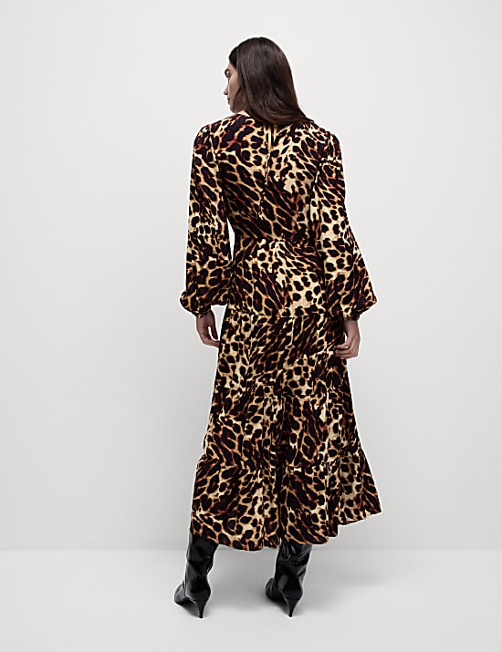 Animal Print Midi Waisted Tiered Dress