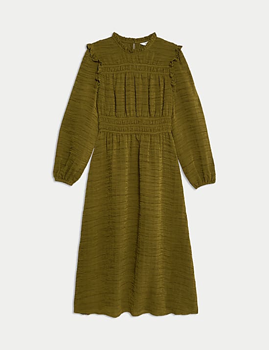 Textured Frill Detail Midi Waisted Dress