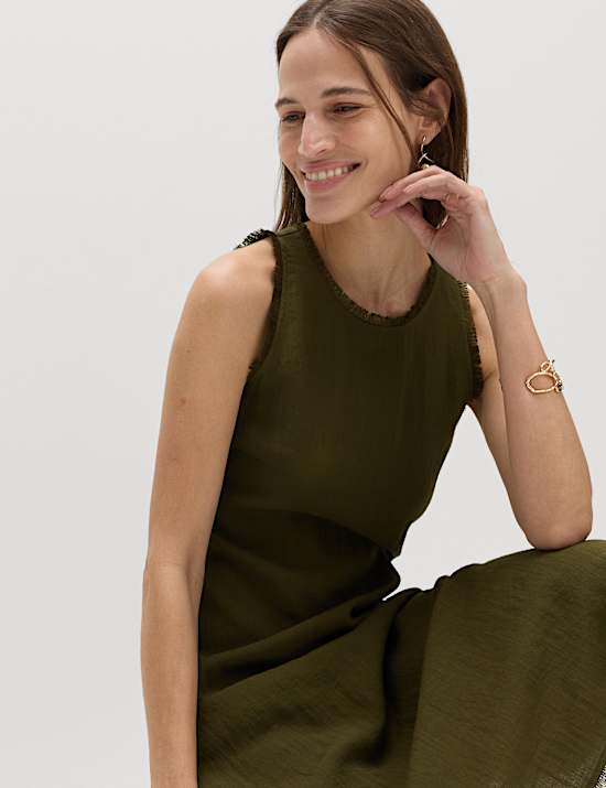 Round Neck Fringed Midi Column Dress