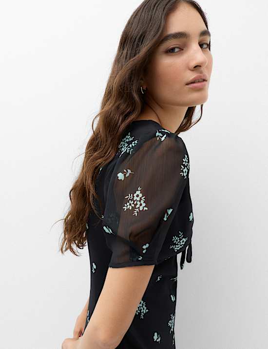 Floral Puff Sleeve Tie Detail Midaxi Tea Dress