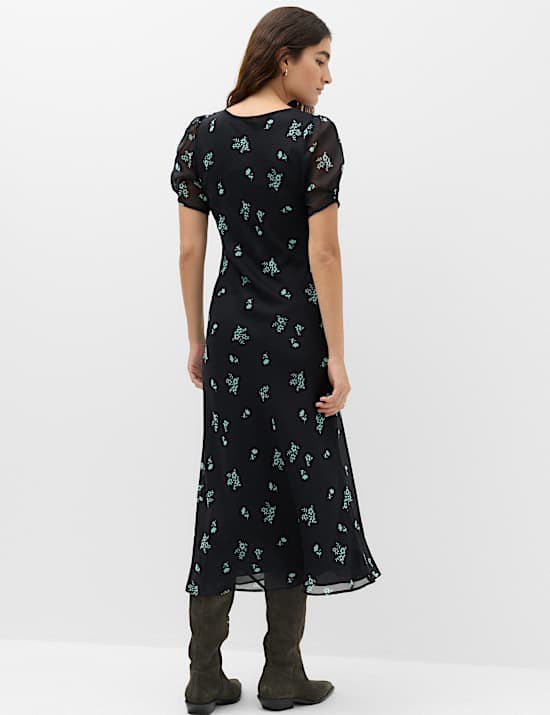 Floral Puff Sleeve Tie Detail Midaxi Tea Dress