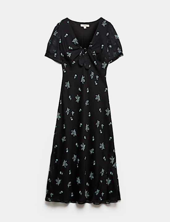 Floral Puff Sleeve Tie Detail Midaxi Tea Dress