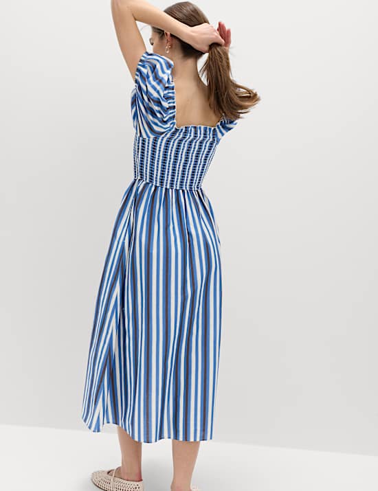 Robe midi fronc&eacute;e 100 % coton &agrave; rayures