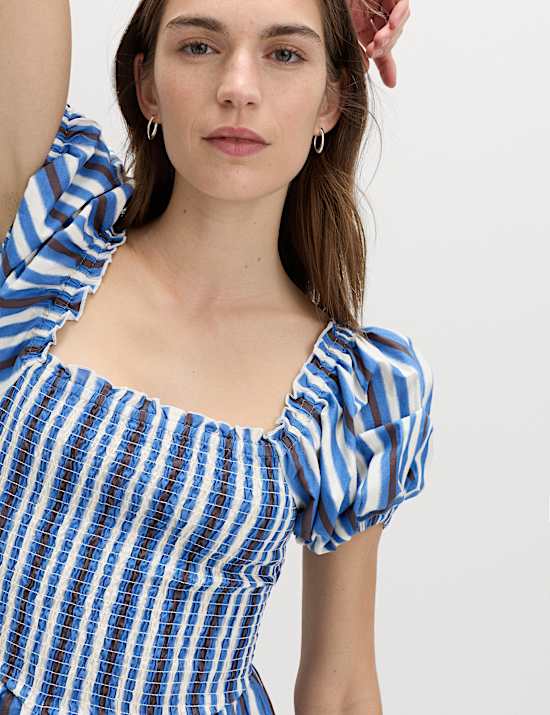 Robe midi fronc&eacute;e 100 % coton &agrave; rayures