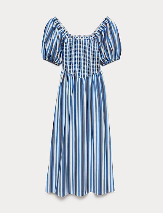 Pure Cotton Striped Shirred Midi Dress