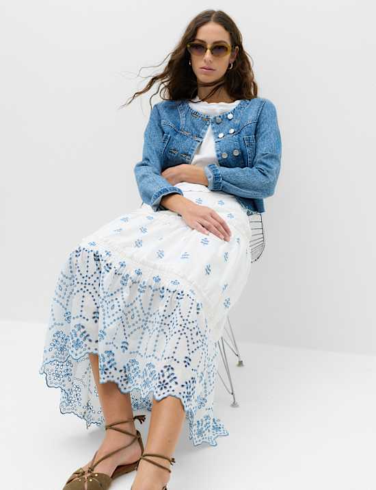 Pure Cotton Embroidered Midaxi Tiered Skirt