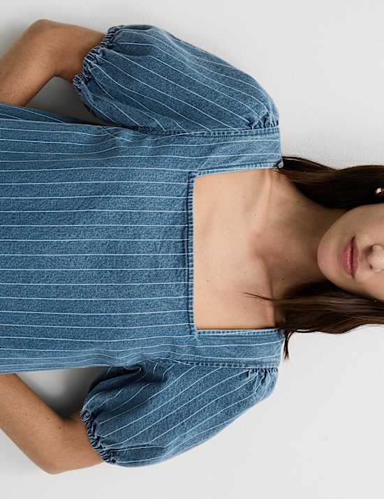 Pure Cotton Denim Striped Mini Shift Dress