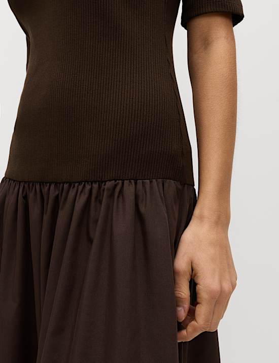 Jersey Ribbed Midi Drop Waist Dress