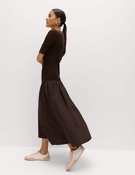 Jersey Ribbed Midi Drop Waist Dress