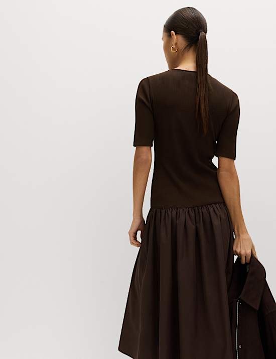 Jersey Ribbed Midi Drop Waist Dress