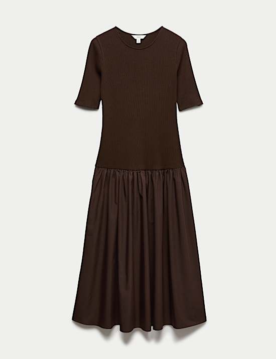 Jersey Ribbed Midi Drop Waist Dress