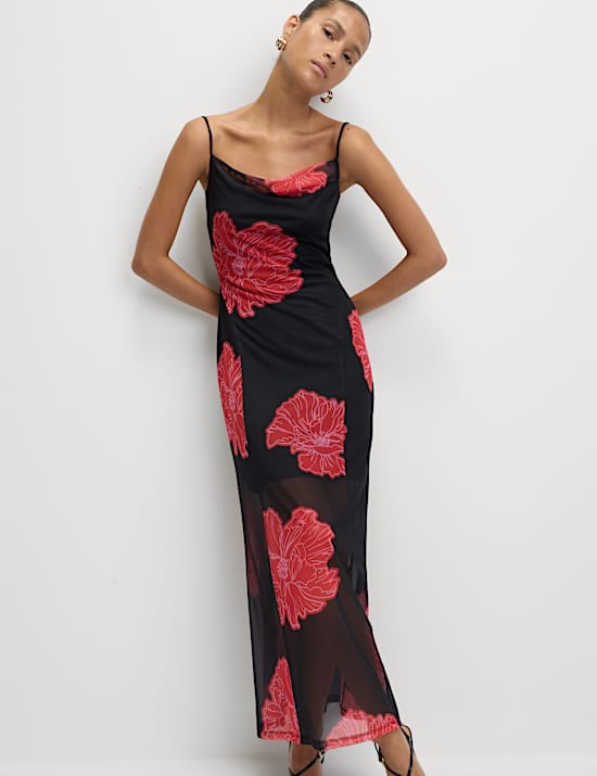 Floral Mesh Strappy Midi Bodycon Dress