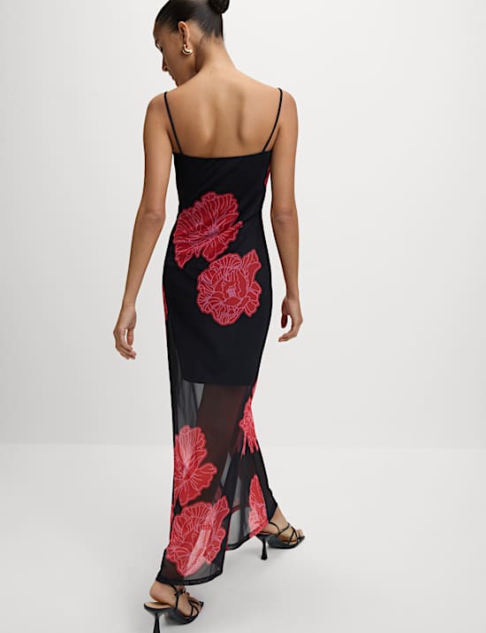 Floral Mesh Strappy Midi Bodycon Dress