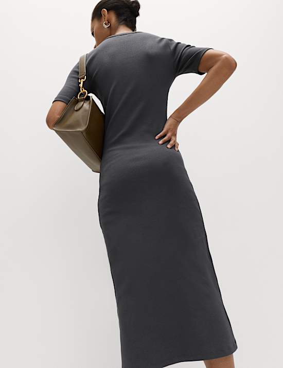Cotton Rich Ribbed V-Neck Midi Column Dress