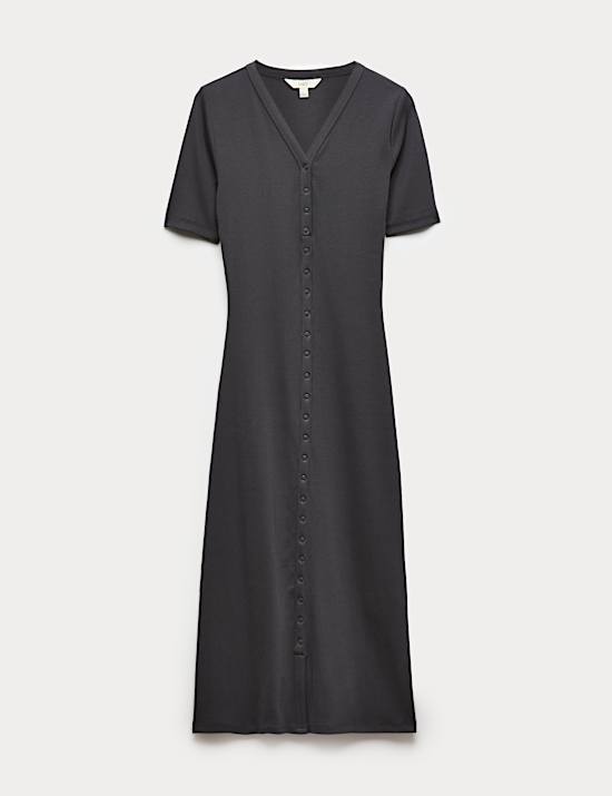 Cotton Rich Ribbed V-Neck Midi Column Dress