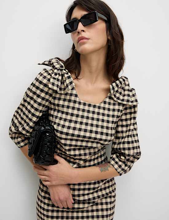 Gingham Round Neck Puff Sleeve Mini Shift Dress