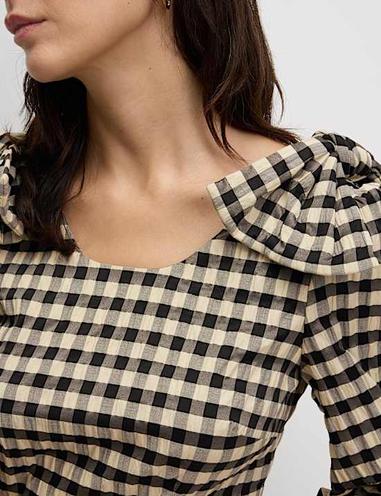 Gingham Round Neck Puff Sleeve Mini Shift Dress