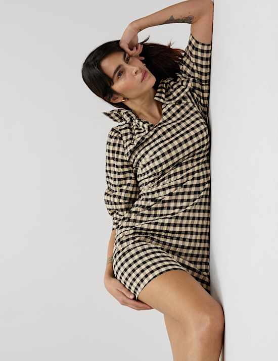 Gingham Round Neck Puff Sleeve Mini Shift Dress