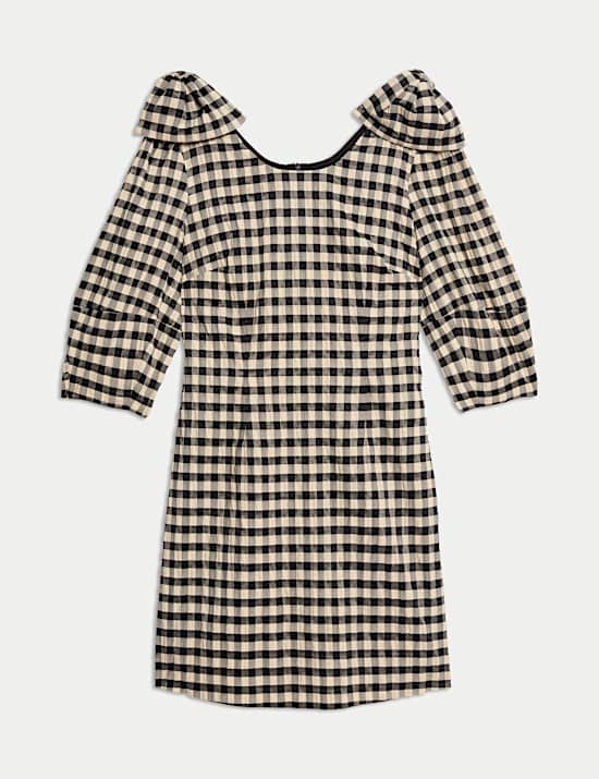 Gingham Round Neck Puff Sleeve Mini Shift Dress